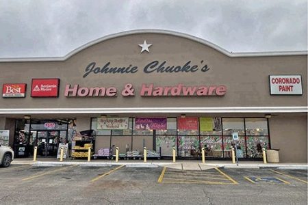A photograph of the storefront of Johnnie Chuoke's hardware store