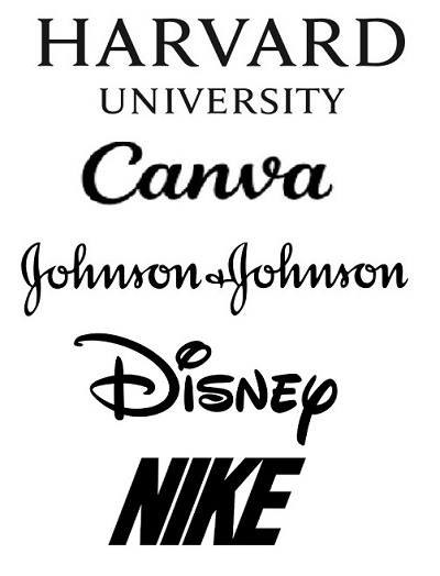 logos from Harvard, Canva, Johnson & Johnson, Disney, and Nike, showing the emotional impact of fonts