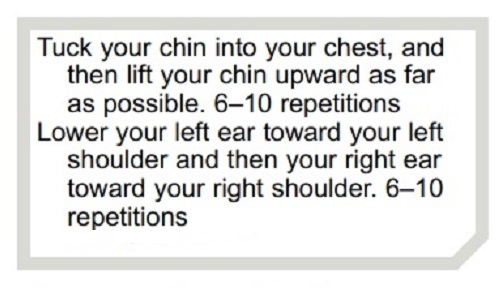 Tuck your chin into your chest, and then lift your chin upward as far as possible. 6–10 repetitions. Lower your left ear toward your left shoulder and then your right ear toward your right shoulder. 6–10 repetitions. (in Arial font)