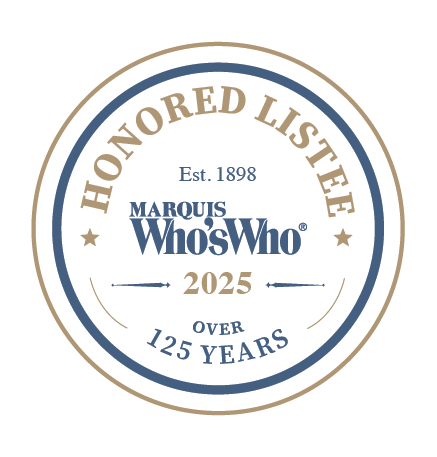 A badge saying "Honored Listee, Marquis Who's Who, 2025"