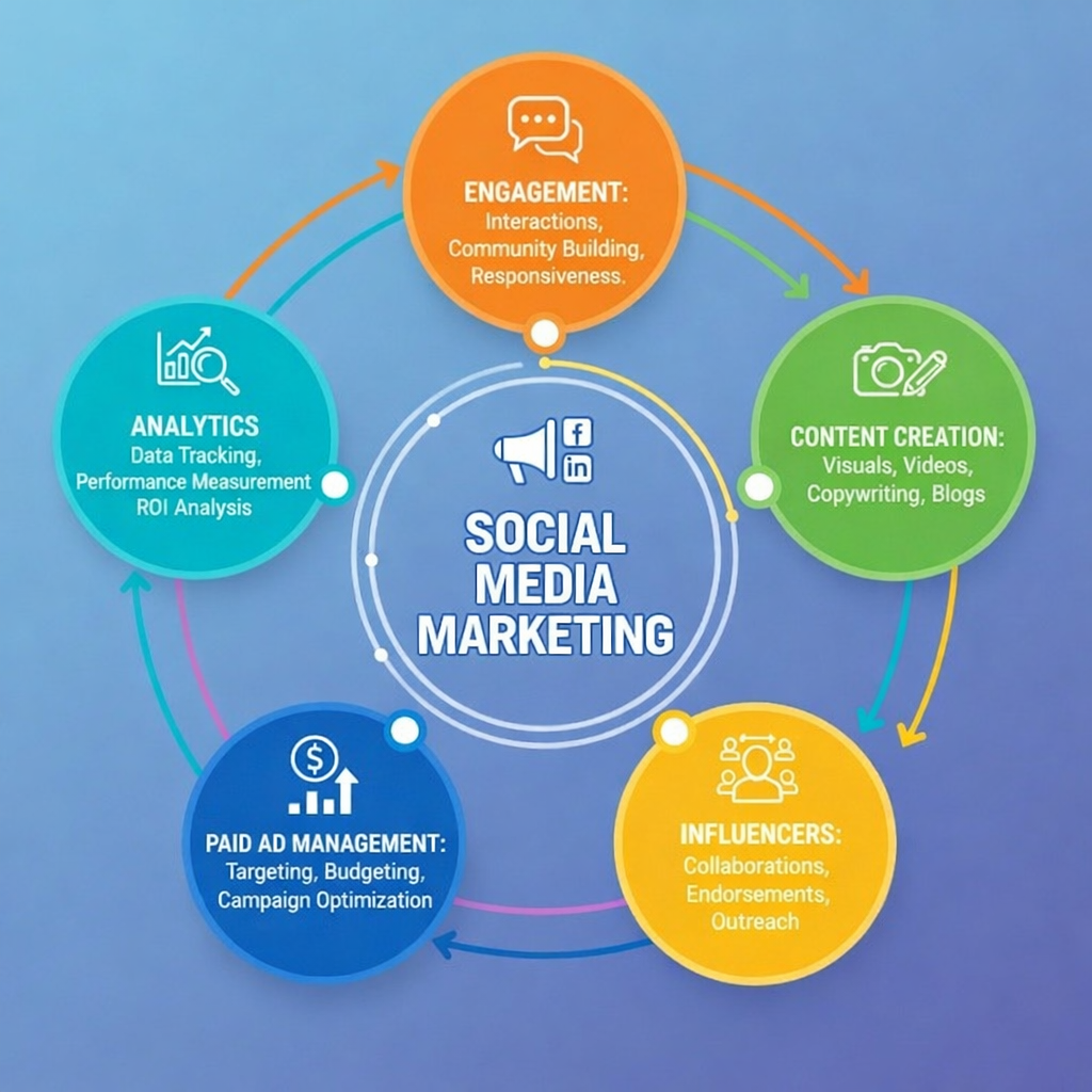 An infographic showing circles representing the elements of social media marketing: analytics, engagement, content, influencers, paid ads. With typos corrected.