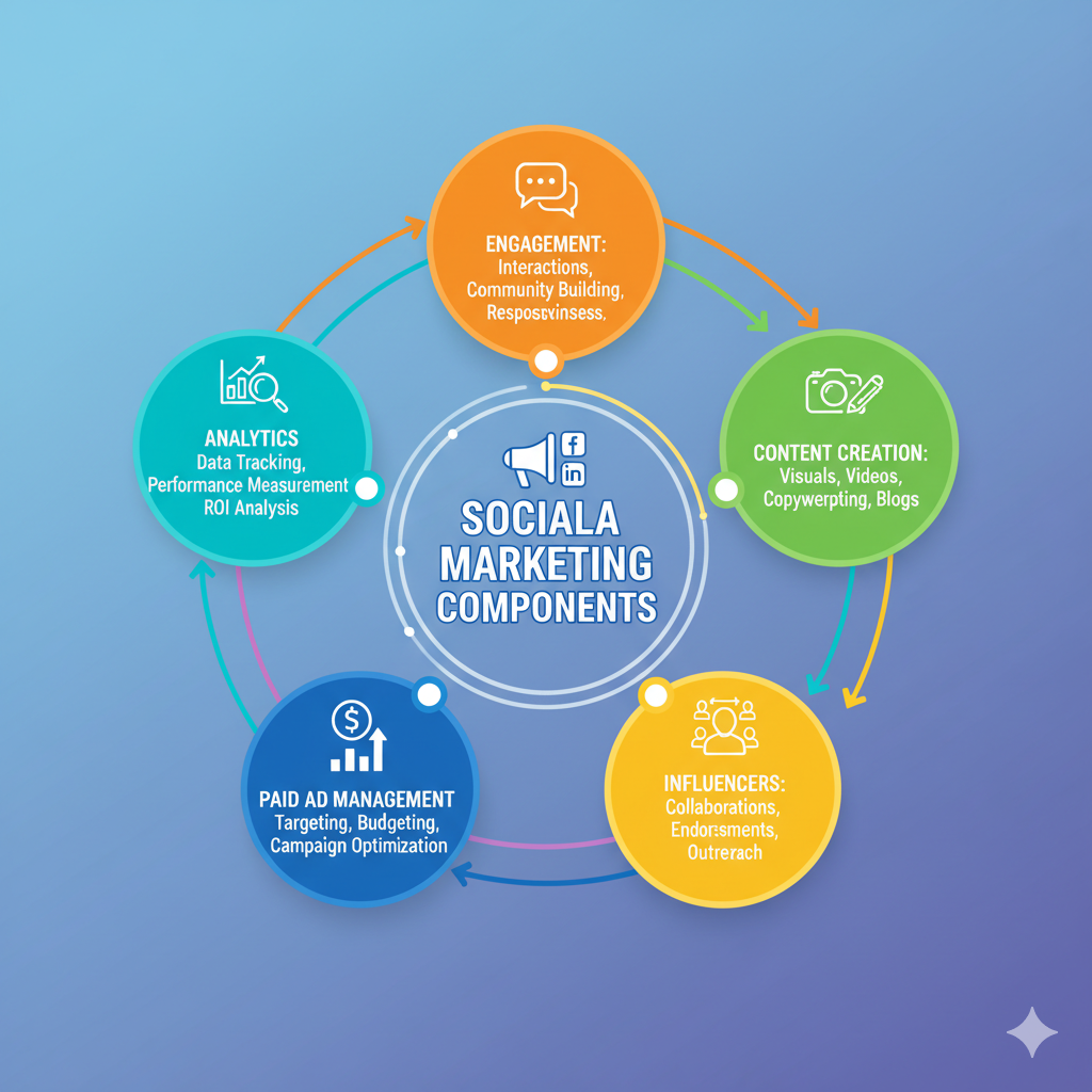 An infographic showing circles representing the elements of social media marketing: analytics, engagement, content, influencers, paid ads.